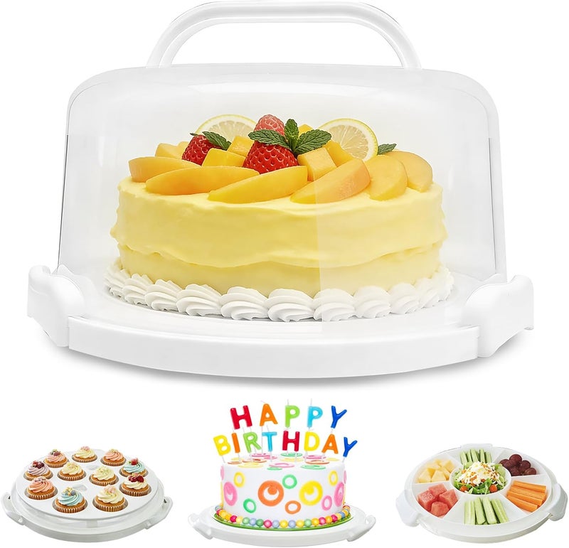 Slomg Plastic Cake Carrier with Lid and Handle, Multipurpose Cake Stand Holder Container for 11 in Cake, Round Cupcake Storage Box Serving Tray with Cover for Bundt Dessert Pie Pizza Eggs Fruit White - Image 1